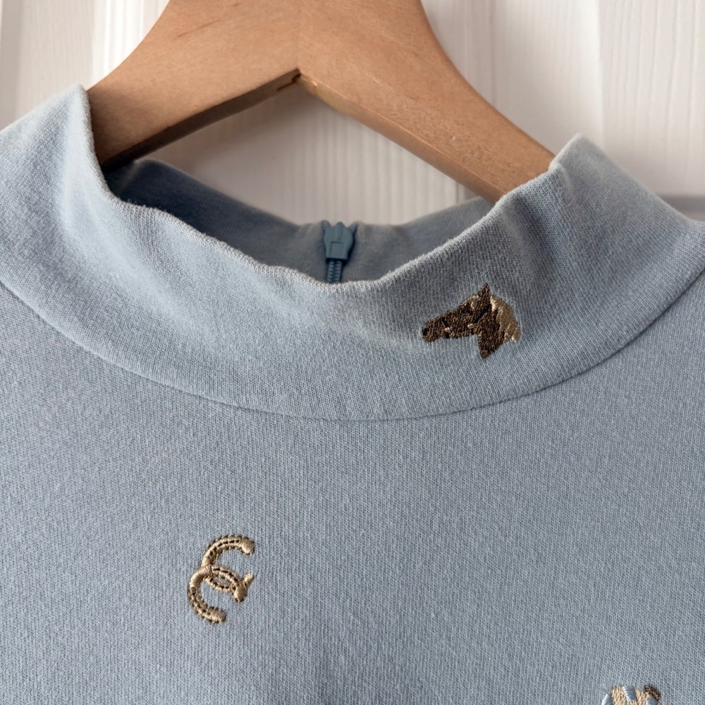Light Blue Mock Neck Long Sleeve Top with Equestrian Horse Embroidery - Picture 5 of 10